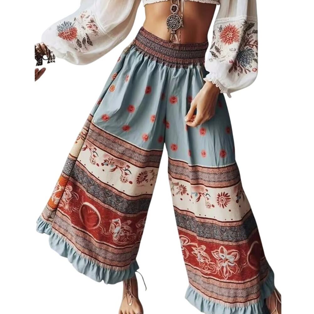 Bohemian high waisted wide leg pants smocked waist vibrant floral & paisley